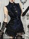 Dunkelblaue 60er Gothic-Bluse mit Jacquard und Spitze
