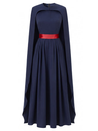 Marineblaues 70er Königin-Kostüm-Plisseekleid mit Cape