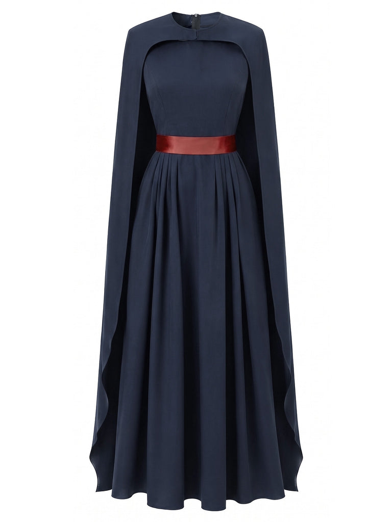 Marineblaues 70er Königin-Kostüm-Plisseekleid mit Cape