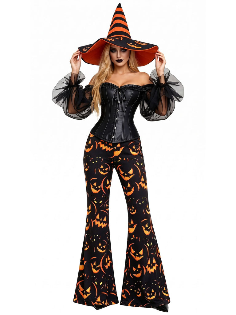 70er Gothic-Korsett & Kürbishose Set mit schulterfreiem Schnitt