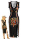 Schwarzes 70er Midikleid mit Paisley-Print und Volants