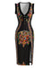 Schwarzes 70er Midikleid mit Paisley-Print und Volants