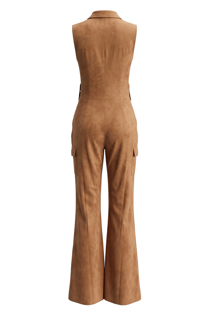 Hellbrauner 70er ärmelloser Jumpsuit mit Fransen und Wildleder