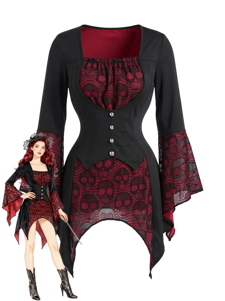 70er Gothic Top mit Totenkopfspitze und Trompetenärmeln