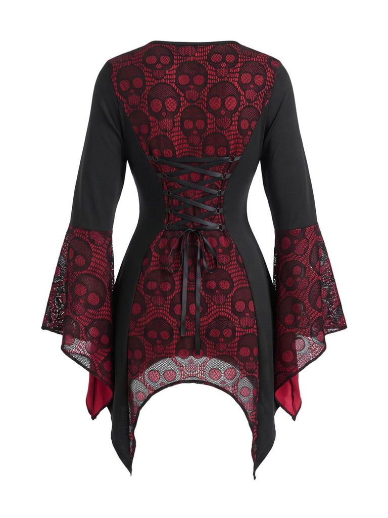 70er Gothic Top mit Totenkopfspitze und Trompetenärmeln