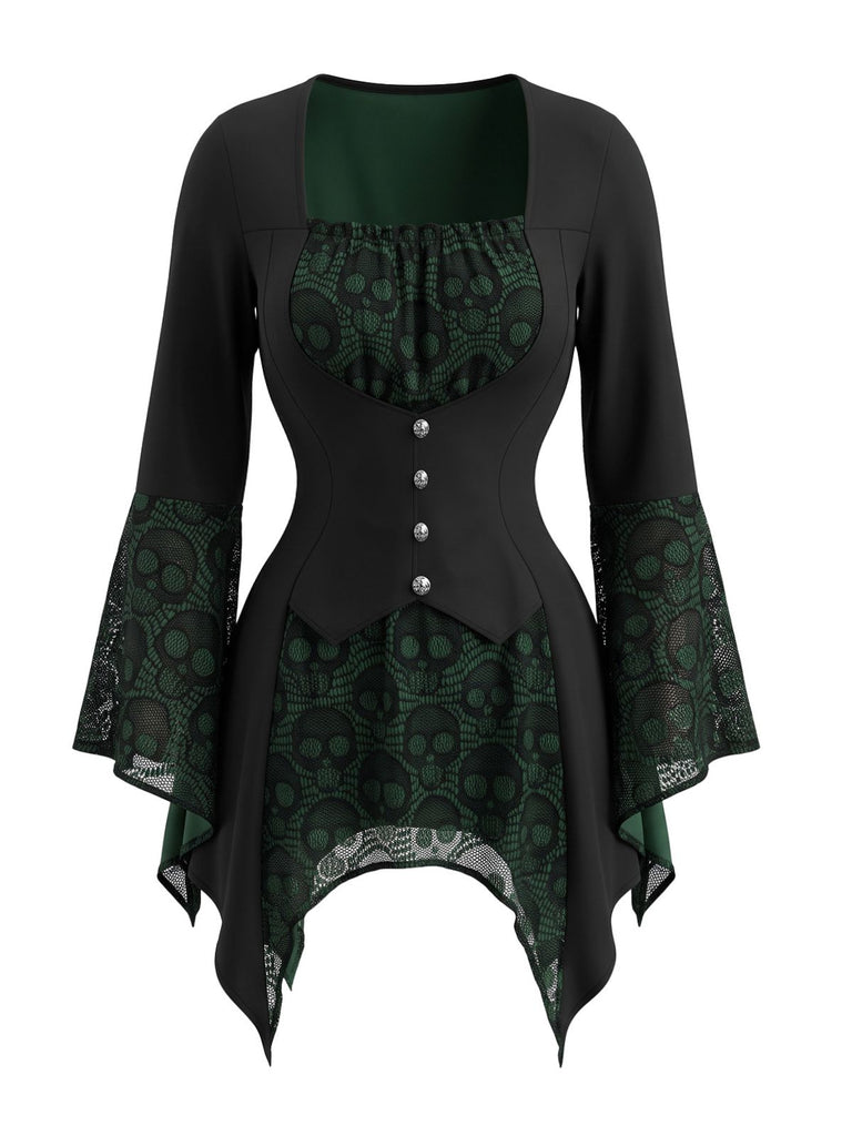 70er Gothic Top mit Totenkopfspitze und Trompetenärmeln