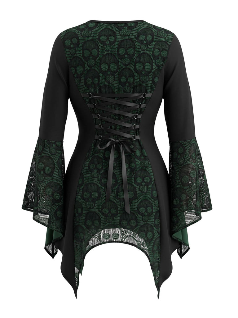 70er Gothic Top mit Totenkopfspitze und Trompetenärmeln