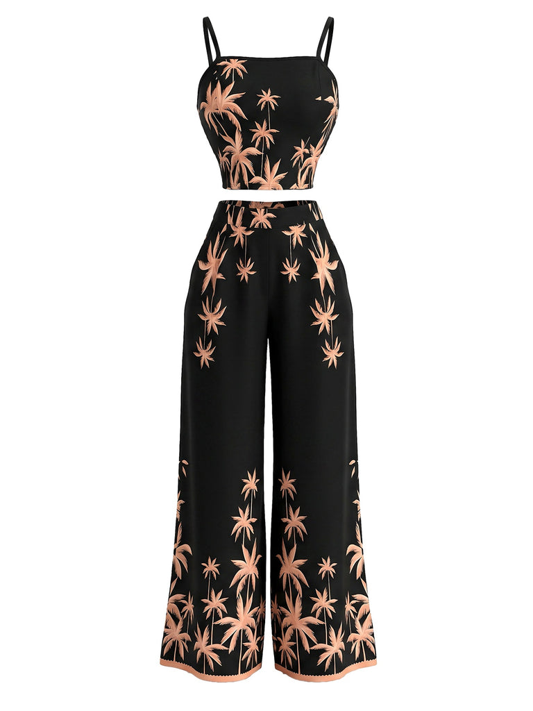 Schwarzes 70er Set aus Trägertop und weiter Hose mit Palmen-Print