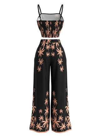 Schwarzes 70er Set aus Trägertop und weiter Hose mit Palmen-Print