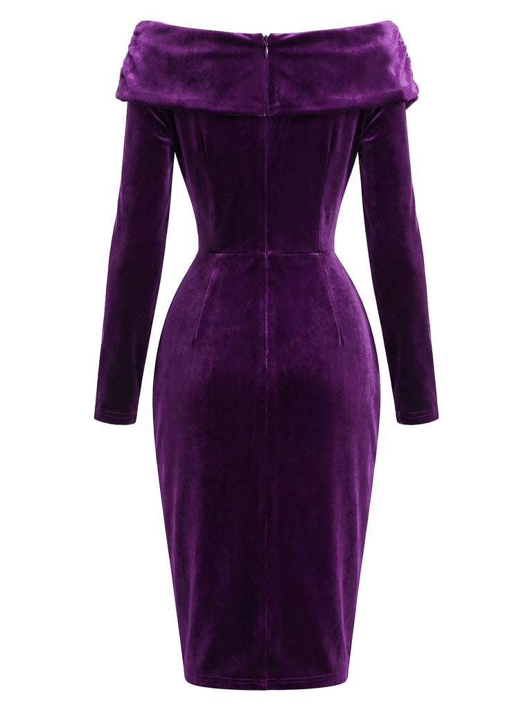 Lila 60er schulterfreies Samt-Bodyconkleid