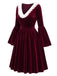 Weinrotes 50er Samtkleid mit Glockenärmeln und weißem V-Kragen