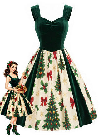 [Vorverkauf] Grünes 50er Kleid mit Samteinsatz und Tannenbaum-Print