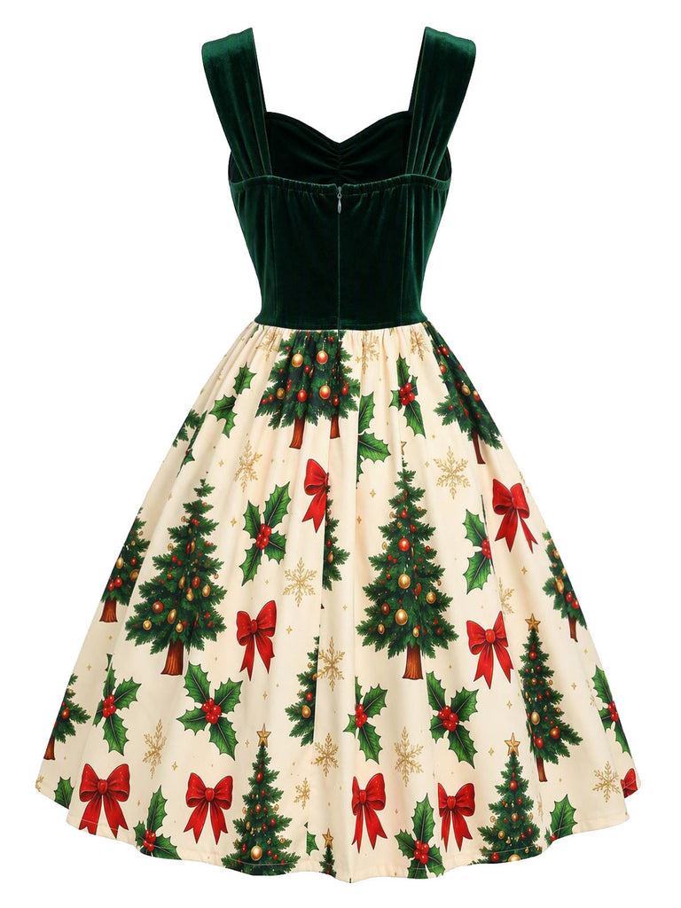Grünes 50er Kleid mit Samteinsatz und Tannenbaum-Print