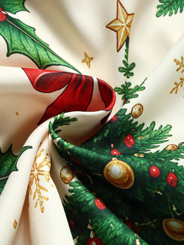 Grünes 50er Kleid mit Samteinsatz und Tannenbaum-Print