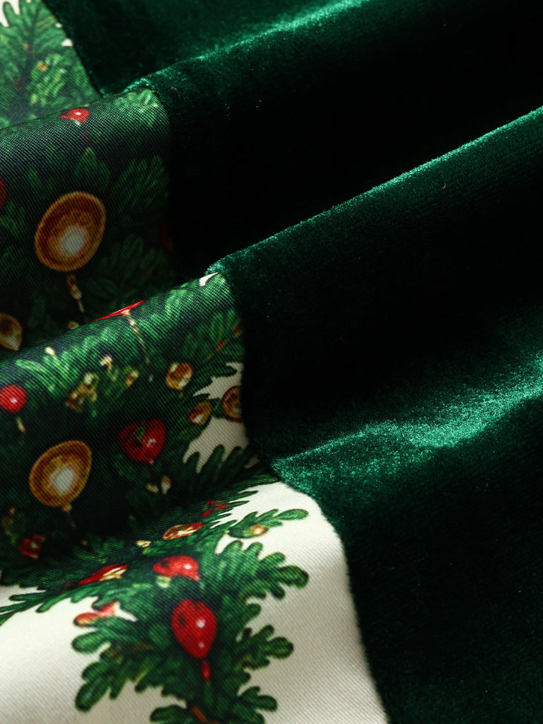 Grünes 50er Kleid mit Samteinsatz und Tannenbaum-Print