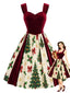 [Vorverkauf] Weinrotes 50er Kleid mit Samteinsatz und Tannenbaum-Print