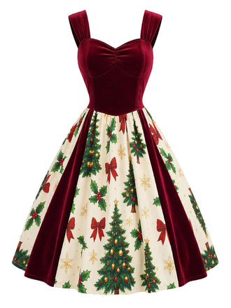 Weinrotes 50er Samtkleid mit Weihnachtsbaum-Print