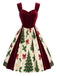 Weinrotes 50er Samtkleid mit Weihnachtsbaum-Print