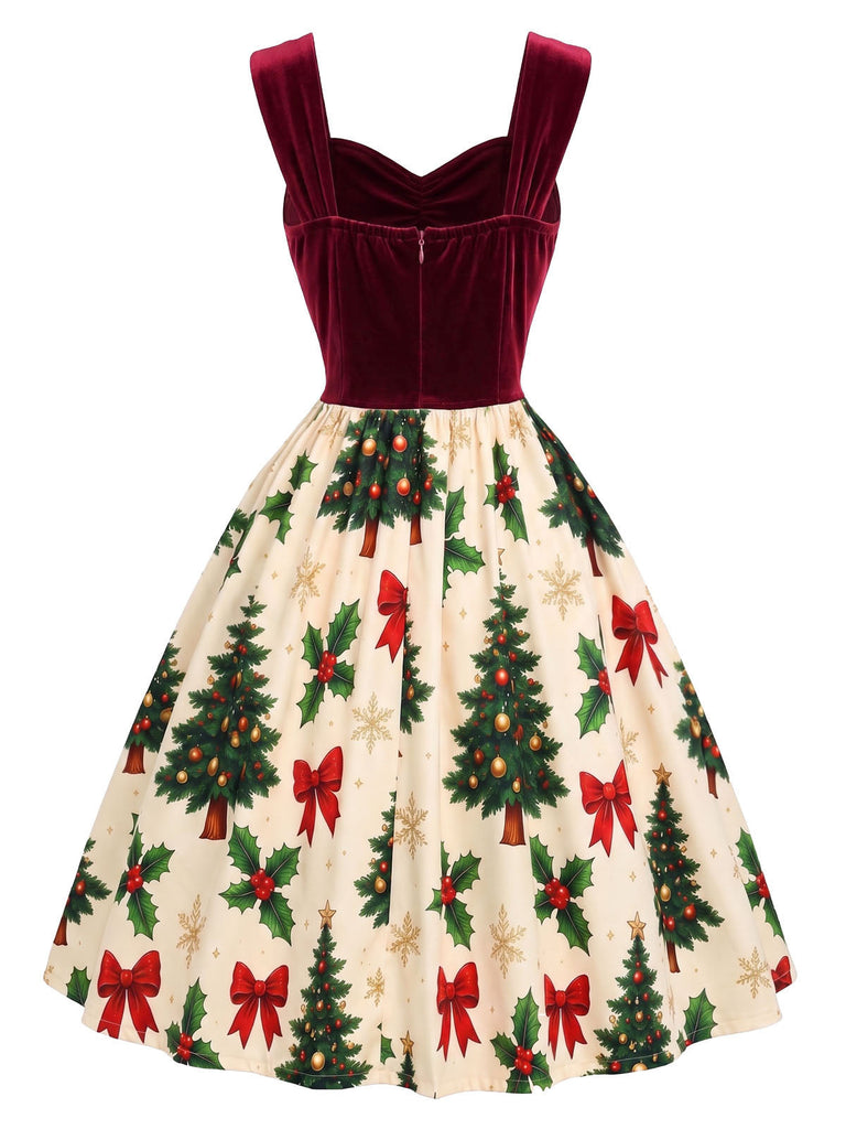 Weinrotes 50er Samtkleid mit Weihnachtsbaum-Print