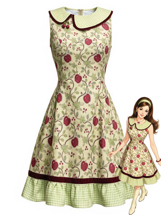 Gelbgrünes 60er Kleid mit Kirschen, Karokragen und plissiertem Karosaum