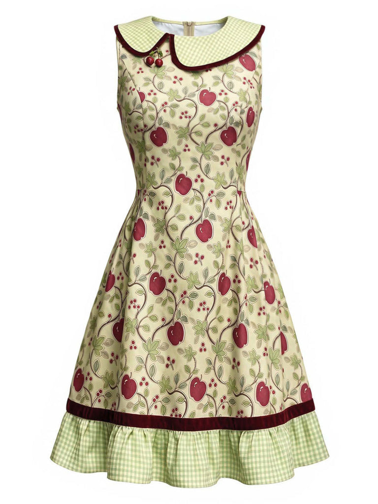 Gelbgrünes 60er Kleid mit Kirschen, Karokragen und plissiertem Karosaum