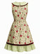 Gelbgrünes 60er Kleid mit Kirschen, Karokragen und plissiertem Karosaum