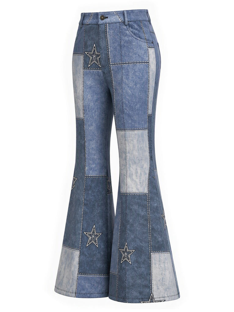 Dunkelblaue 70er Schlaghose mit Stern-Patchwork und Denim-Print