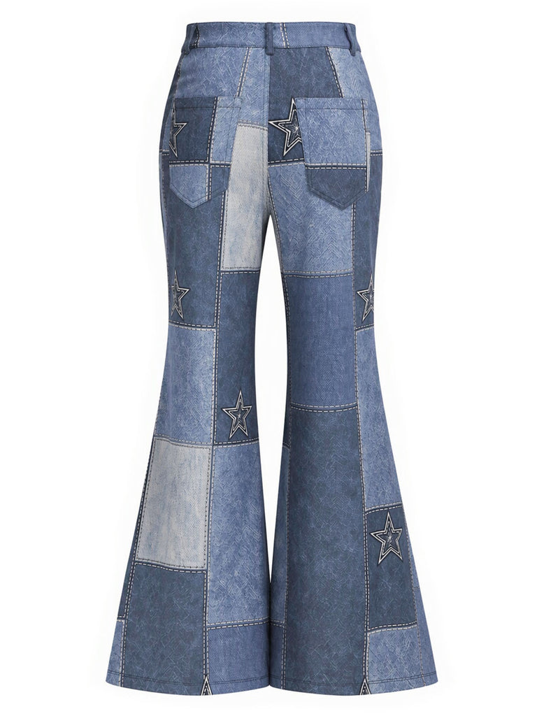 Dunkelblaue 70er Schlaghose mit Stern-Patchwork und Denim-Print