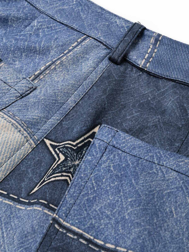 Dunkelblaue 70er Schlaghose mit Stern-Patchwork und Denim-Print