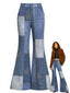 [Vorverkauf] Dunkelblaue 70er Schlaghose mit Stern-Patchwork und Denim-Print