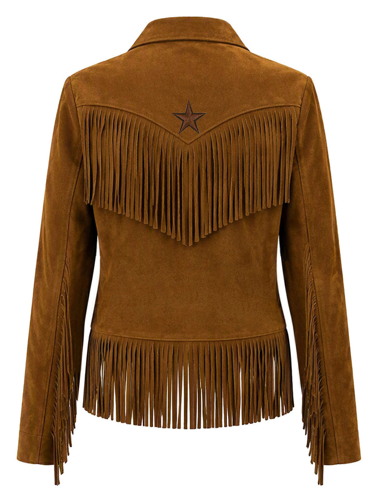 Hellbraune 70er Westernjacke in Wildlederoptik mit Sternen und Fransen