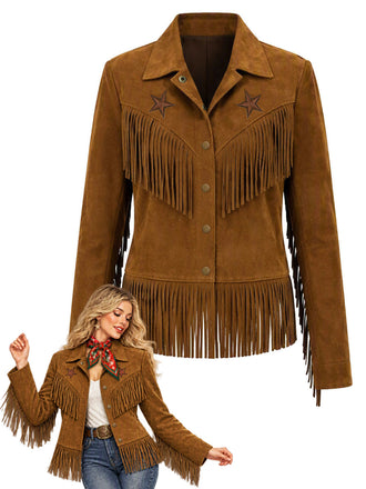 Hellbraune 70er Westernjacke in Wildlederoptik mit Sternen und Fransen