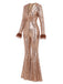 Brauner 70er Disco-Schlagjumpsuit mit tiefem V-Ausschnitt, Pailletten und Kunstfellbesatz