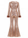 Brauner 70er Disco-Schlagjumpsuit mit tiefem V-Ausschnitt, Pailletten und Kunstfellbesatz