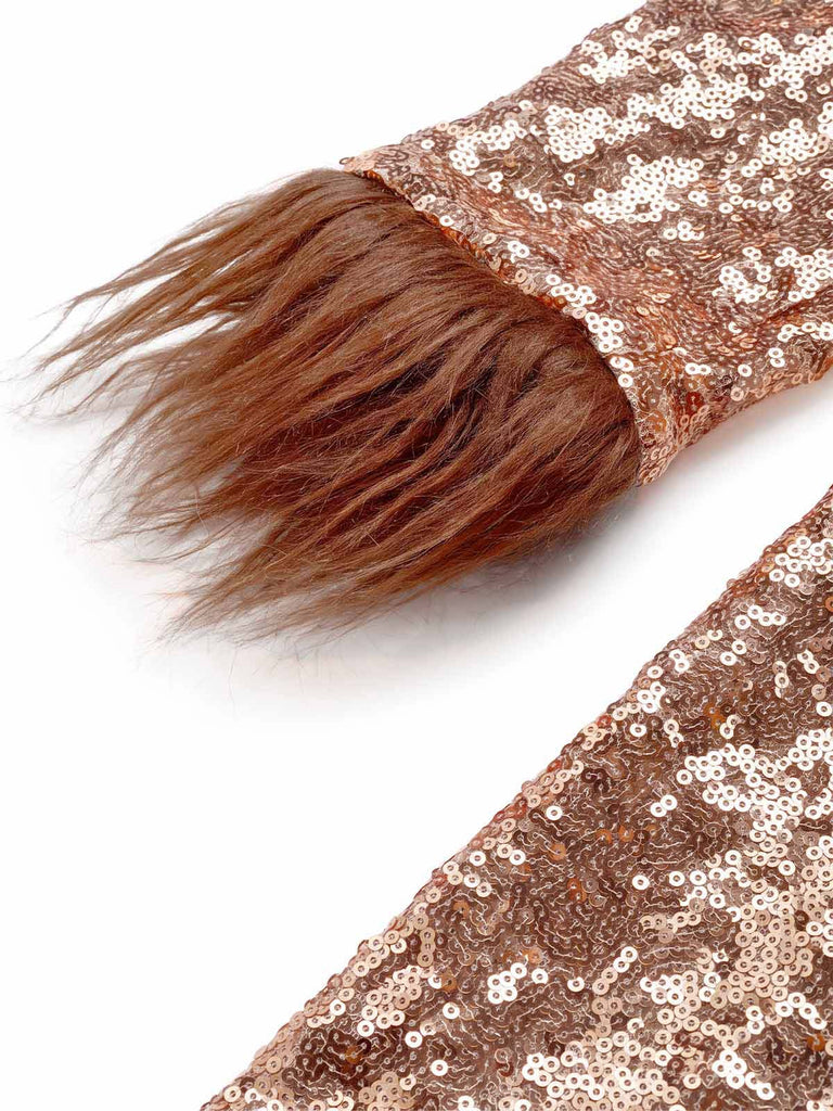 Brauner 70er Disco-Schlagjumpsuit mit tiefem V-Ausschnitt, Pailletten und Kunstfellbesatz