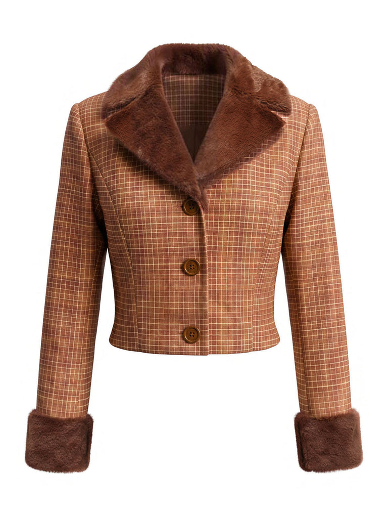 Braunes 40er Karo-Set aus Jacke mit Kunstfell und Rock