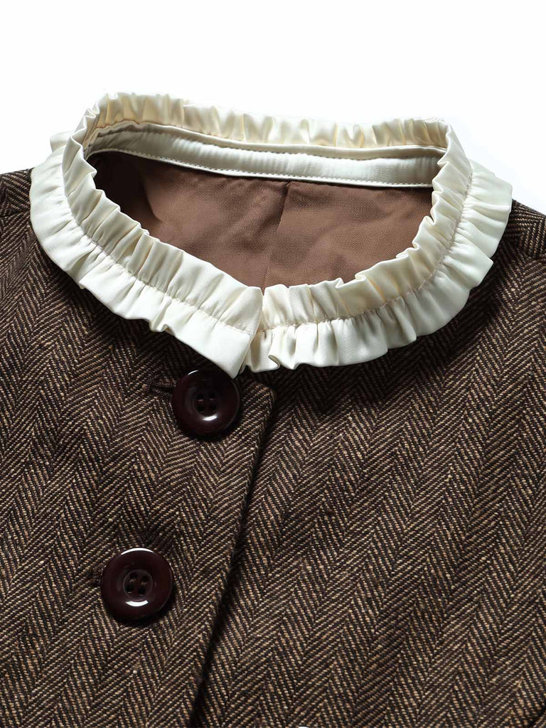 Hellbrauner gegürteter 40er Fischgrät-Blazer mit Stehkragen und Rüschen