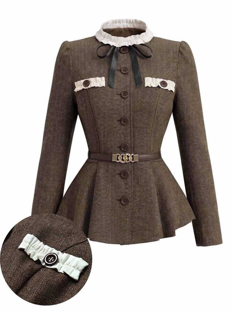 Hellbrauner gegürteter 40er Fischgrät-Blazer mit Stehkragen und Rüschen