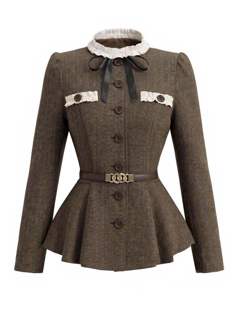 Hellbraunes 40er Fischgrät-Tweed-Set aus Rüschenjacke mit Stehkragen und Bleistiftrock