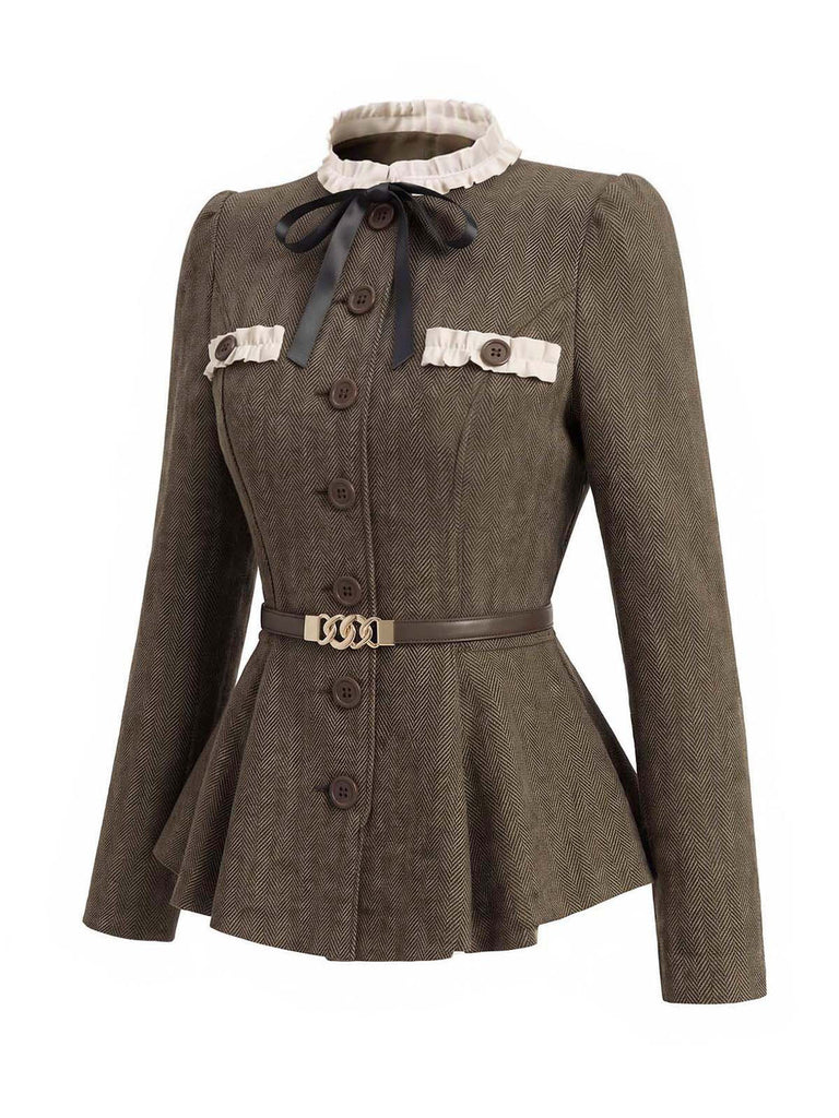 Hellbrauner gegürteter 40er Fischgrät-Blazer mit Stehkragen und Rüschen