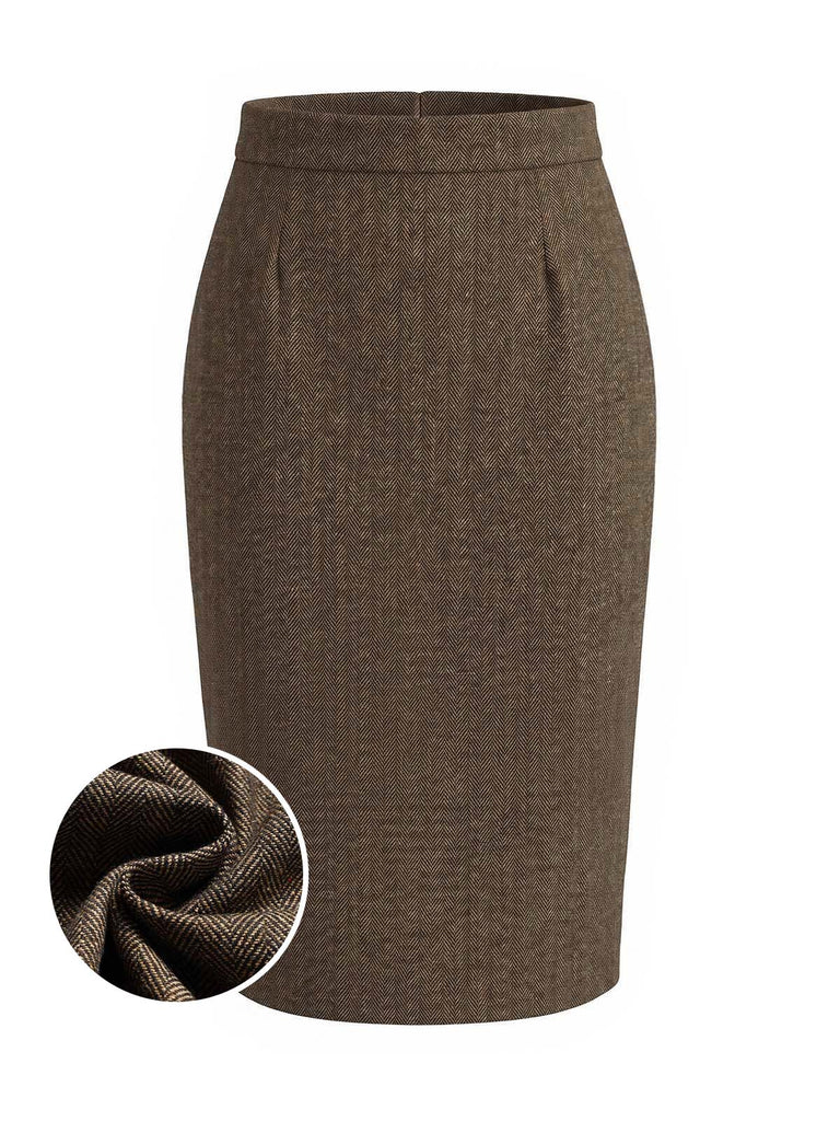 Hellbrauner 40er High-Waist-Tweed-Bleistiftrock mit Fischgrätmuster