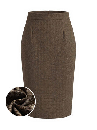 Hellbrauner 40er High-Waist-Tweed-Bleistiftrock mit Fischgrätmuster