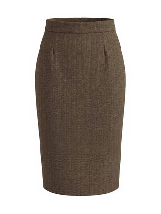 Hellbrauner 40er High-Waist-Tweed-Bleistiftrock mit Fischgrätmuster