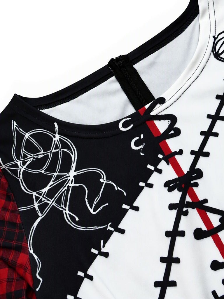 Mehrfarbiges 70er Kleid mit Karo-Patchwork-Print und Mesh-Besatz