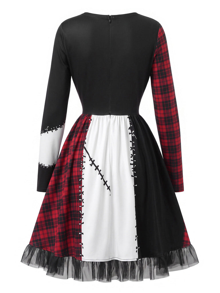 Mehrfarbiges 70er Kleid mit Karo-Patchwork-Print und Mesh-Besatz