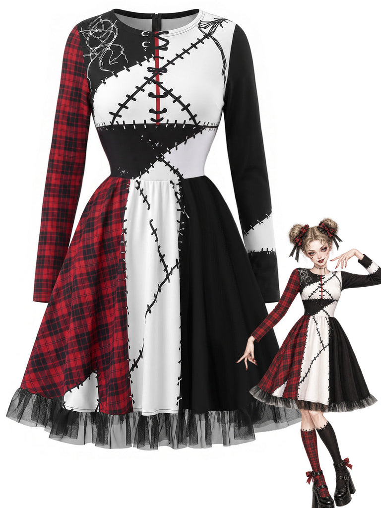 Mehrfarbiges 70er Kleid mit Karo-Patchwork-Print und Mesh-Besatz