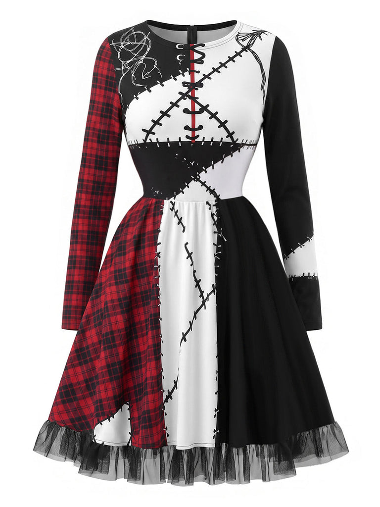 Mehrfarbiges 70er Kleid mit Karo-Patchwork-Print und Mesh-Besatz