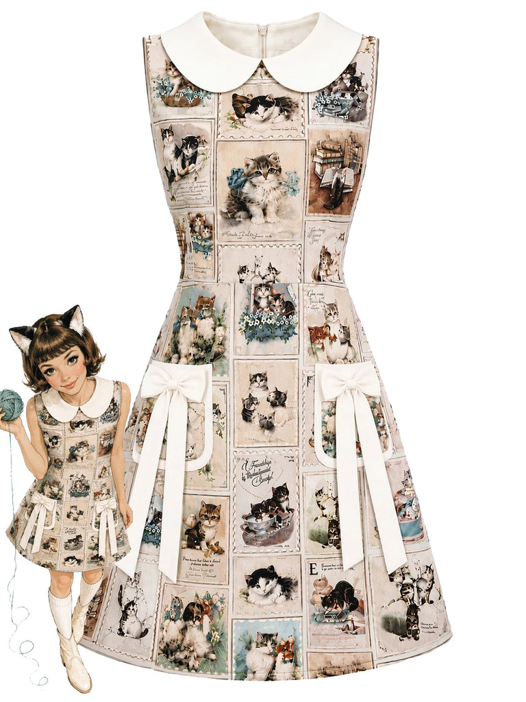 Beige 60er Kleid mit Katzen-Postkarten-Print und Peter-Pan-Kragen