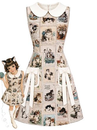 Beige 60er Kleid mit Katzen-Postkarten-Print und Peter-Pan-Kragen