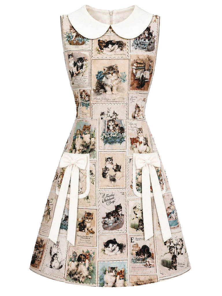 Beige 60er Kleid mit Katzen-Postkarten-Print und Peter-Pan-Kragen